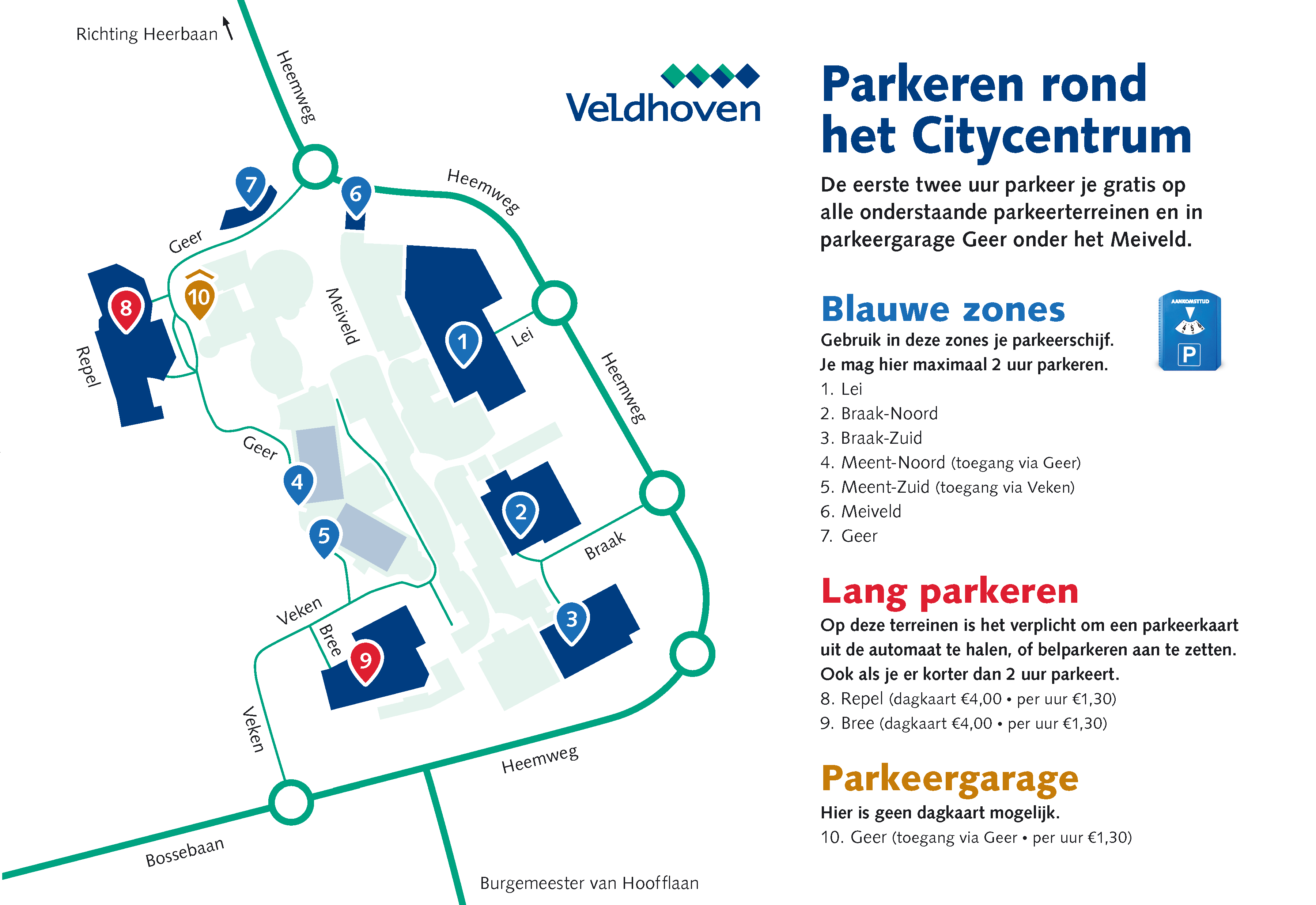 Kaart parkeren rond het Citycentrum: blauwe zones, lang parkeren en parkeergarage