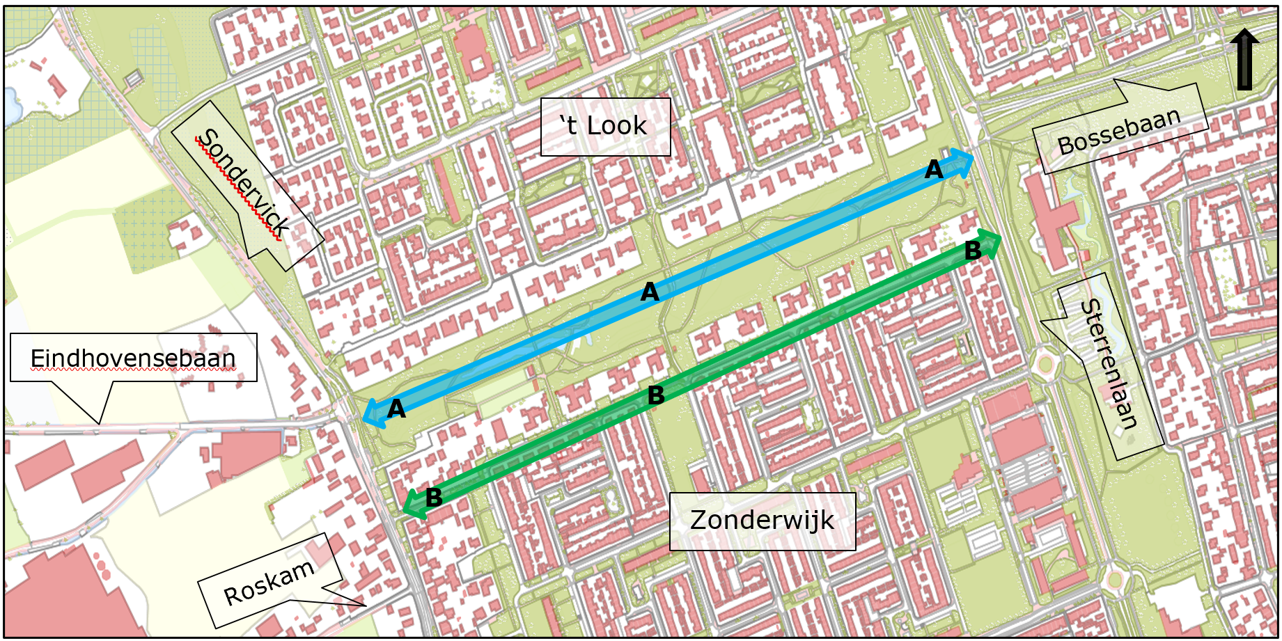 Plattegrond fietsverbinding Sondervick - Bossebaan routes A en B