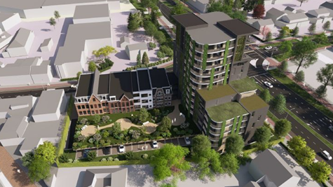 Een impressie vanuit de lucht van het bouwplan op de hoek Provincialeweg en Burgemeester van Hoofflaan. Hierop ziet u onder andere twee woontorens van verschillende hoogte, een rijtje gebouwen en een binnentuin met parkeerplaatsen.