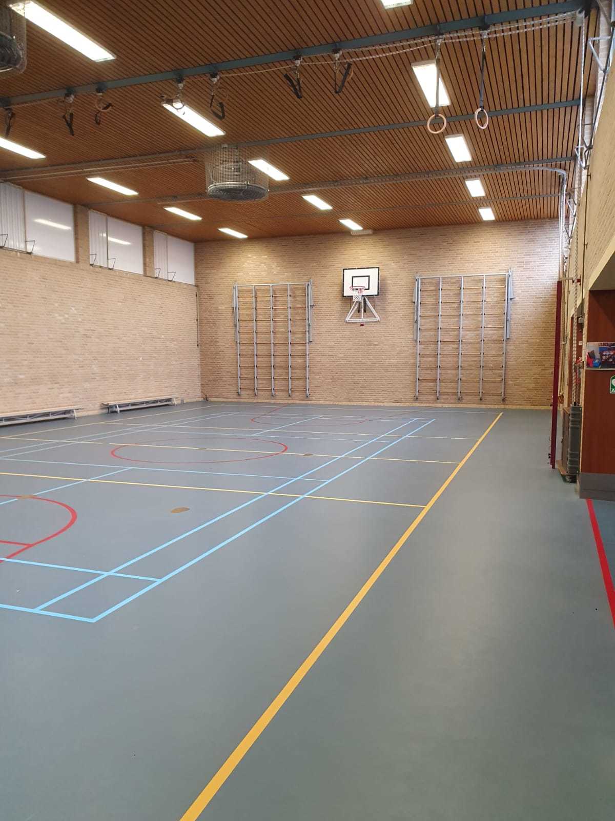 gymzaal met blauwe vloer, hoge ramen en houten plafond