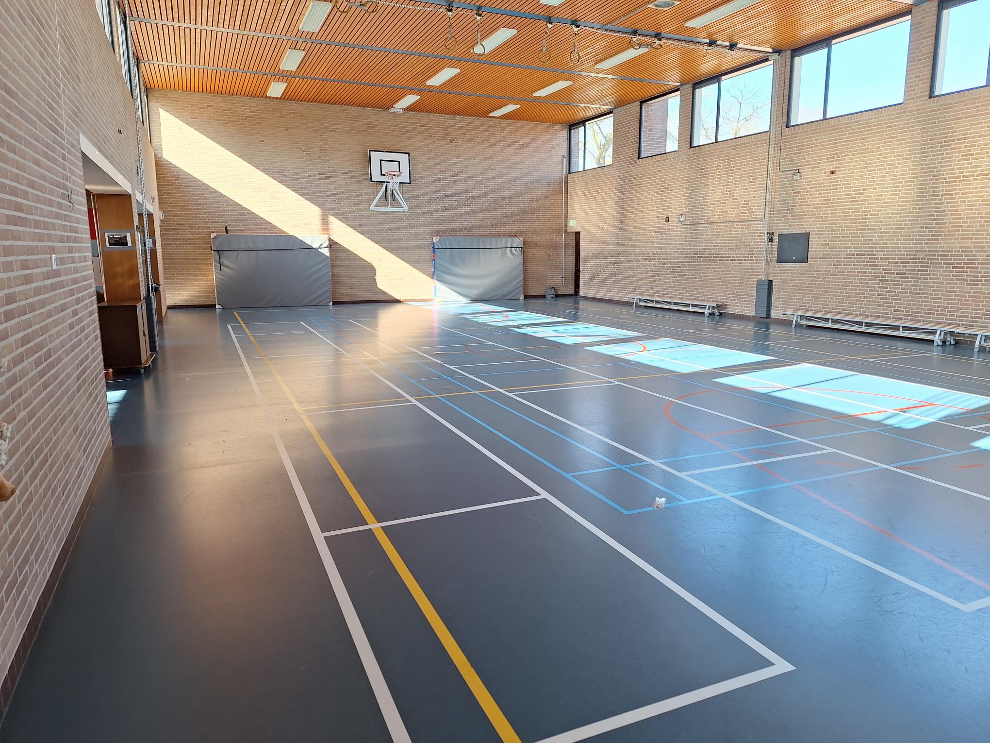 gymzaal met blauwe voer en houten plafond