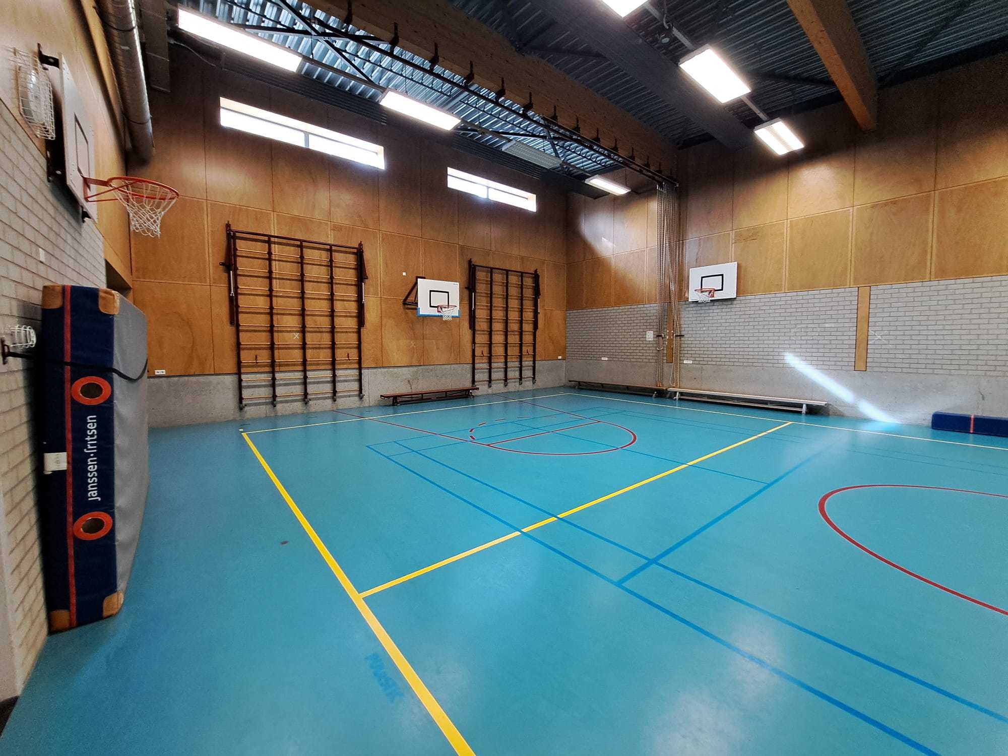 gymzaal met blauwe vloer en houten muren