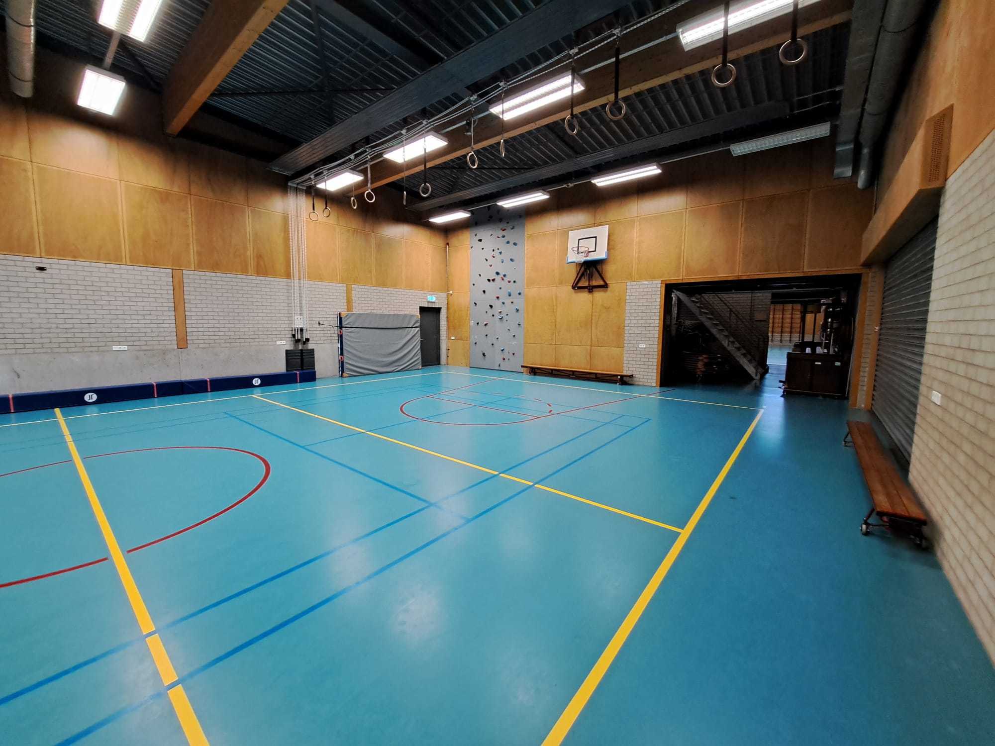 gymzaal met blauwe vloer en houten muren
